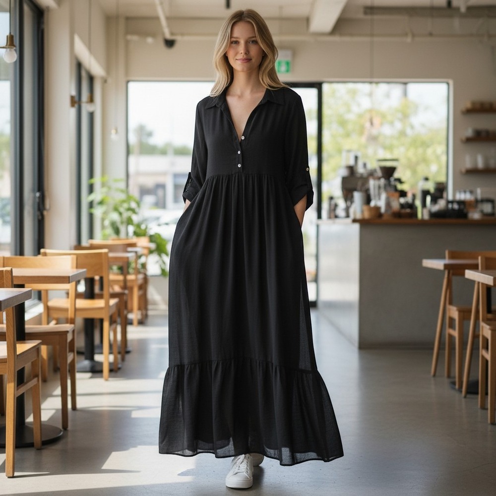 Women's Black Maxi Shirt Dress with Button Front